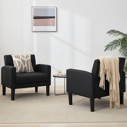 TYBOATLE Leather Chairs Set of 2 Comfy Living Room Chair Black Leather Tufted Mid Century Modern Accent Chair, Small Cozy Reading Arm Chair for Office, Bedroom