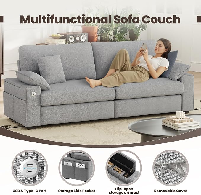 MALOL 89" Loveseat Couch, 3 Seater Upholstered Midcentury Mondern Love Seat with USB Type C Ports, 4 Pillows and Storage Armrest Cloud Foam Sofa for Living Room/Small Spaces, Grey | Breathable material