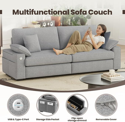 MALOL 89" Loveseat Couch, 3 Seater Upholstered Midcentury Mondern Love Seat with USB Type C Ports, 4 Pillows and Storage Armrest Cloud Foam Sofa for Living Room/Small Spaces, Grey | Breathable material