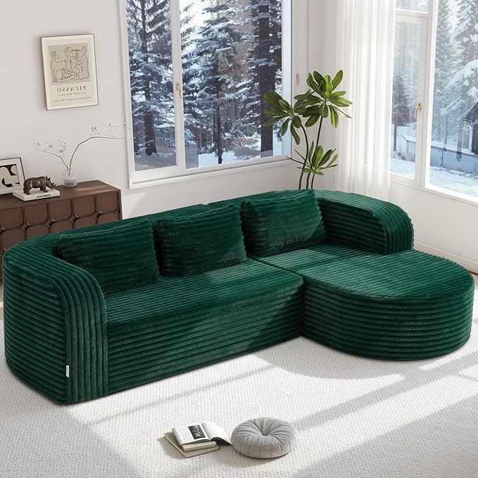 Hobestluk Modular Sectional Sofa Couches L-Shape Couch 3 Seat Modular Sofa Memory Foam Sectional Couches for Living Room, Cloud Couch (Round Green, 96", Right Hand Facing)