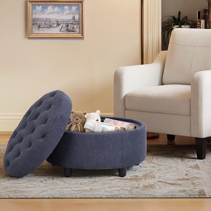 COLAMY Round Hidden Storage Ottoman with Reversible Tray Lid – Multi-Functional Footrest, Sturdy & Stylish Fabric Coffee Table for Living Room, Bedroom, or Entryway, Blue