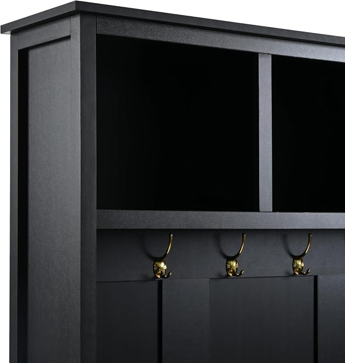 Merax 4-in-1 Hall Tree with Bench, Modern Versatile Multiple Storage Space with 6 Golden Hooks, 2 Drawers, Entryway Coat Rack for Living Room, Hallway, Black