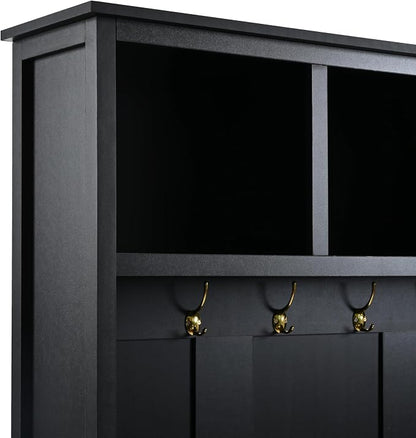 Merax 4-in-1 Hall Tree with Bench, Modern Versatile Multiple Storage Space with 6 Golden Hooks, 2 Drawers, Entryway Coat Rack for Living Room, Hallway, Black