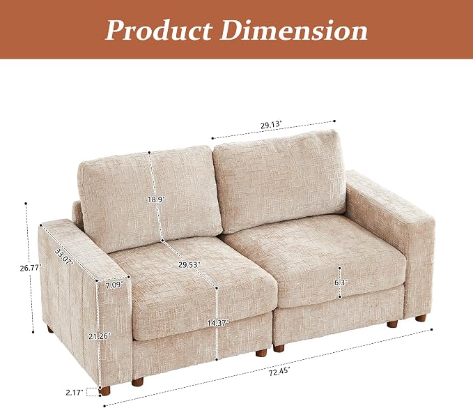 ORRD Comfy Loveset Couch, Chenille 2 Seat Sofa with Pillows, Modern Loveseat Sofa with Storage for Apartment, Living Room, Beige