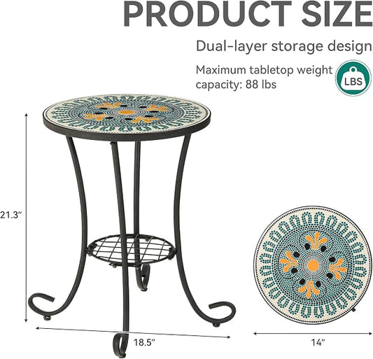 Side Table Outdoor, Mosaic Patio Table with Planter Stand, 22" H Iron Coffee End Table, Weather-Resistant Tile Top Metal Drink Bar Table for Indoor Garden Balcony Yard Bistro