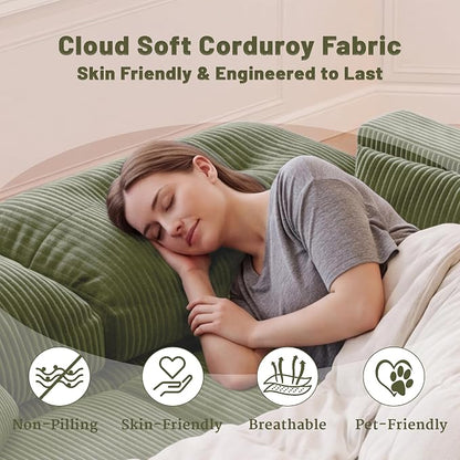 73" Queen Size Sofa Bed, Loveseat Sleeper Sofa with Pull Out Bed, 360° Swivel Table and USB, Modern 2 Seater Convertible Corduroy Couch for Living Room Bedroom Apartment, Green