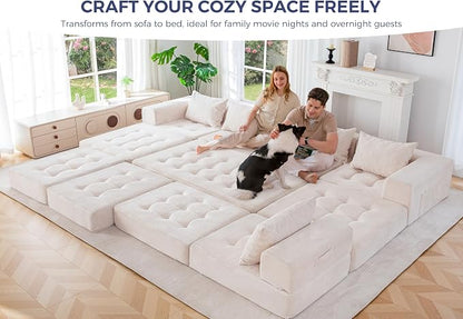 MAXYOYO Modular Sectional Sofa Couch, Foldable U Shaped Cloud Couch with Pillows, Tufted 7-Seat Boneless Lounger Floor Sofa Bed for Living Room, No Assembly Required, Beige