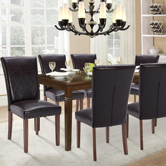 Parsons Dining Chairs Set of 6, Upholstered Nailhead PU Leather Dining Room Kitchen Side Chair with Thick Cushions and Wood Legs, Dark Brown