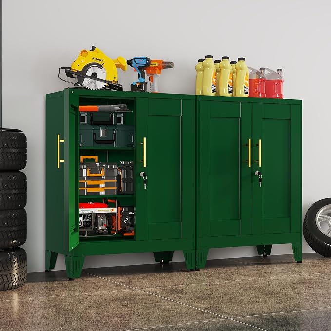 Green Metal Storage Cabinet, 36" Tall Locking Storage Cabinet, 14”D | with 2 Adjustable Shelves, Steel Locker Organizer, Metal Freestanding Buffet Cupboards Sideboard for Office, Home, School,2PS