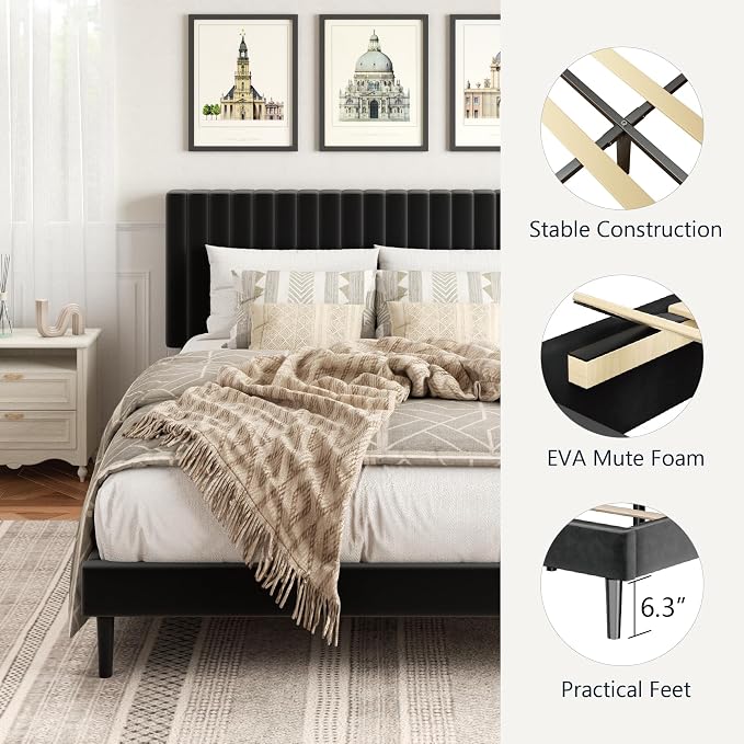 HAOARA Full Size Platform Bed Frame with Velvet Upholstered Headboard, Full Bed Frame with Strong Wood Slats, Mattress Foundation, Box Spring Optional, Easy Assembly, Black