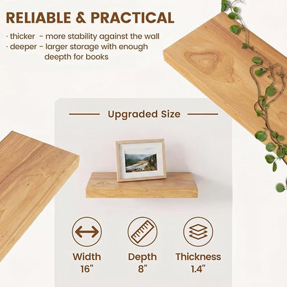 Venusmiles Elm Floating Shelves for Wall Decor, Rustic Solid Wood Shevles Wall Mounted with Invisible Bracket for Living Room Bathroom Bedroom Kitchen, 16 Inch Set of 2, Natural