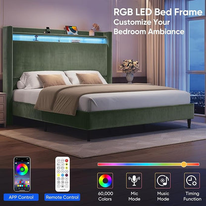 King Size Bed Frame with Tall Headboard, 55.3" Upholstered Platform King Bedframe with Wingback Storage Headboard, Charging Station & LED Lights, No Box Spring Needed, Wooden Slats, Corduroy, Green
