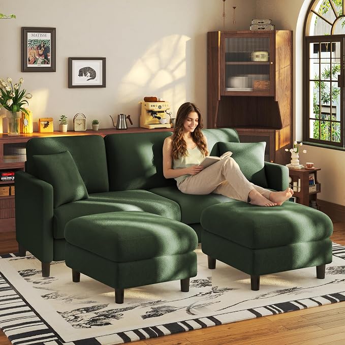 Welzona 83" Couches for Living Room, Teddy Sofa Couch with Storage Ottomans, U Shaped Couch with Movable Ottomans, Tool-Free Modular Sectional Sofa, All-Wood Sofas for Living Room 2 Pillows, Green