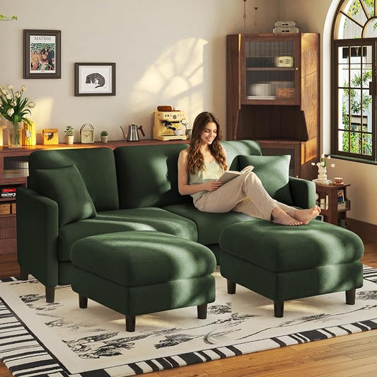 Welzona 83" Couches for Living Room, Teddy Sofa Couch with Storage Ottomans, U Shaped Couch with Movable Ottomans, Tool-Free Modular Sectional Sofa, All-Wood Sofas for Living Room 2 Pillows, Green