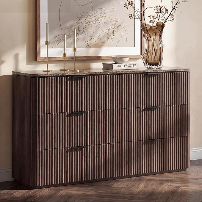 Dresser for Bedroom with 6 Drawers, 54"W Chest of Drawers, Fluted Dresser with Faux Marble Top, Curved Profile Design, Metal Handle, Wood Closet Storage Organizer for Living Room, Hallway, Dark Oak