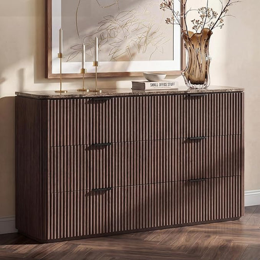 Dresser for Bedroom with 6 Drawers, 54"W Chest of Drawers, Fluted Dresser with Faux Marble Top, Curved Profile Design, Metal Handle, Wood Closet Storage Organizer for Living Room, Hallway, Dark Oak
