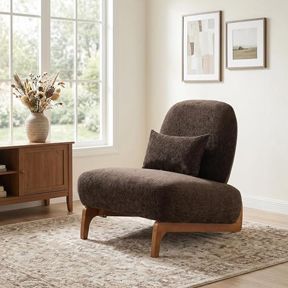 Merax Linen Accent Chair with Curved Wood Base and Lumbar Pillow, Dark Brown + Natural