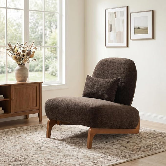 Merax Linen Accent Chair with Curved Wood Base and Lumbar Pillow, Dark Brown + Natural