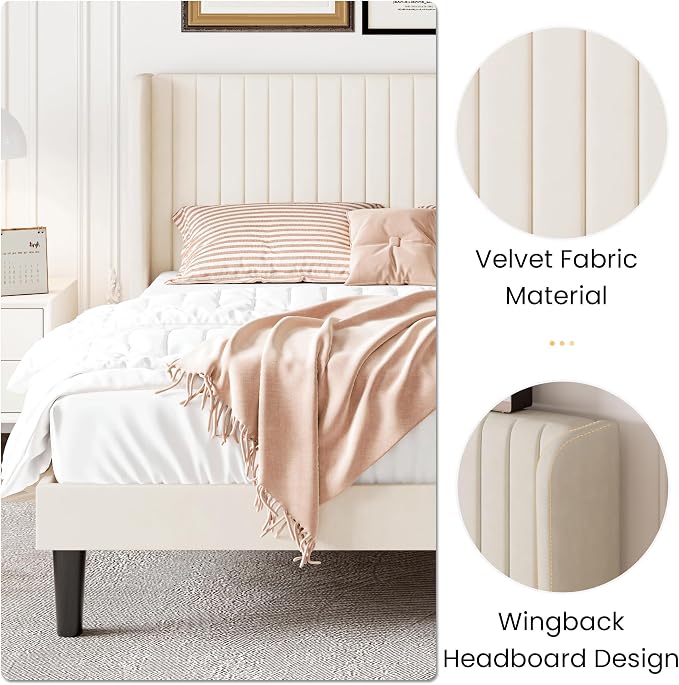 SHA CERLIN Full Size Velvet Bed Frame with Vertical Channel Tufted Wingback Headboard, Upholstered Platform Bed with Wood Slats, No Box Spring Needed, Easy Assembly, Cream White