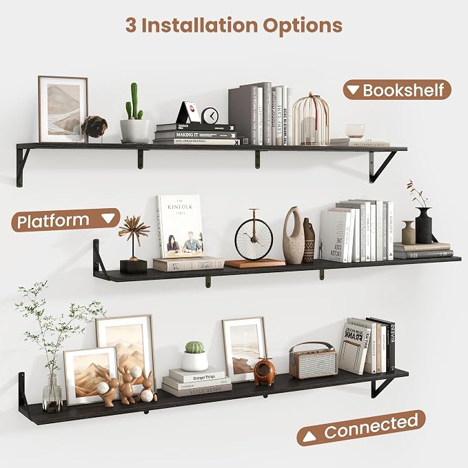 Axeman 55 Inch Floating Shelves | 8 Inch Deep Black Wall Shelves Set of 2 | 55" W x 8" D Rustic Black Wood Shelves for Bathroom Kitchen Living Room