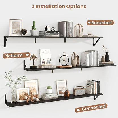 Axeman 55 Inch Floating Shelves | 8 Inch Deep Black Wall Shelves Set of 2 | 55" W x 8" D Rustic Black Wood Shelves for Bathroom Kitchen Living Room