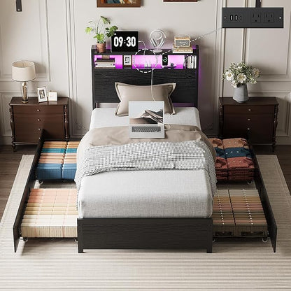 VINGLI LED Twin Bed Frame with 4 Storage Drawers and Adjustable Headboard Shelf, Metal Platform Panel Bed with Charging Station for Kids Teens, Adults, No Box Spring Needed, Black