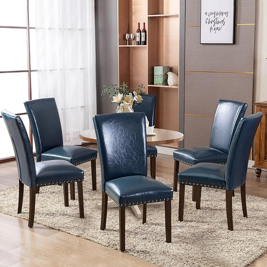 COLAMY Upholstered Parsons Dining Chairs Set of 6, PU Leather Dining Room Kitchen Side Chair with Nailhead Trim and Wood Legs - Blue