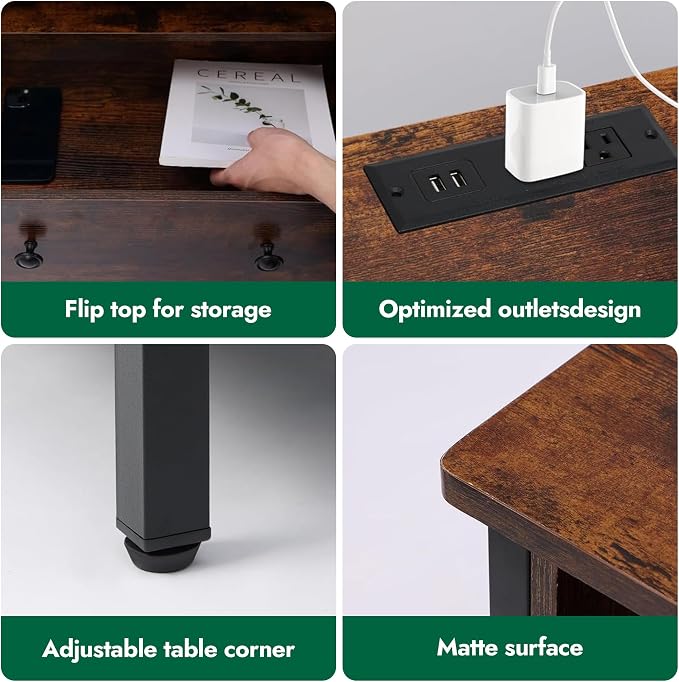 27 Inch Wide Nightstand Set of 2 with Charging Station, Large Nightstand Set 2 with 3 Wood Drawers & LED Lights, Big Bedside Table with Open Shelf for Bedroom, Guest Room, Office, Retro.