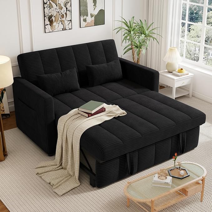 Nebuaegis Sleeper Sofa Bed,3-in-1 Convertible Pull Out Couch with Adjustable Backrest for Living Room,Loveseat Sofa Bed with Side Pockets,Easy Assembly,Black,1 PCS
