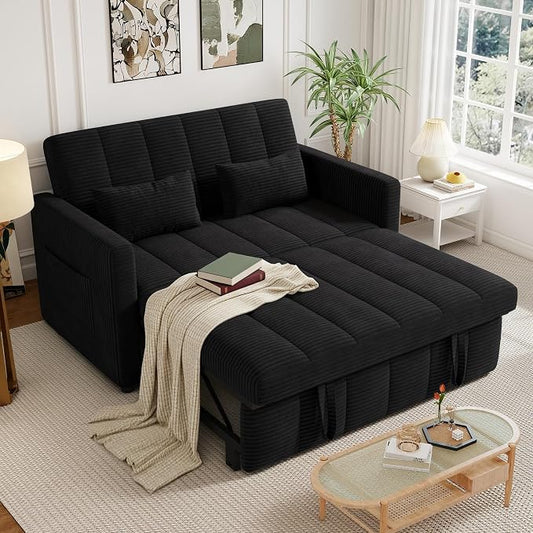 Nebuaegis Sleeper Sofa Bed,3-in-1 Convertible Pull Out Couch with Adjustable Backrest for Living Room,Loveseat Sofa Bed with Side Pockets,Easy Assembly,Black,1 PCS