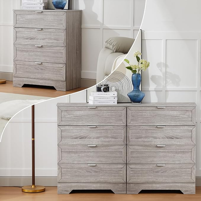 37-inch Tall Chest of Drawers, 4 Drawer Dresser for Bedroom, Grey Wood Dresser with Large Drawers, Modern Storage Cabinet for Closet, Living Room, Entryway, Wash Grey