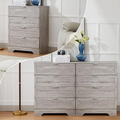 37-inch Tall Chest of Drawers, 4 Drawer Dresser for Bedroom, Grey Wood Dresser with Large Drawers, Modern Storage Cabinet for Closet, Living Room, Entryway, Wash Grey
