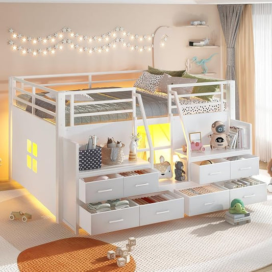 Bellemave Full Size Loft Bed with 8 Non-Woven Fabric Storage Drawers and Bookshelf, Low Loft Bed with Lights and Private Play Curtain, Full Loft Beds with High Rails, Noise Reduced White