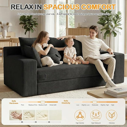 Oversize Boneless Loveseat Convertible Sofa Bed, Folding Floor Futon Sleeper Sofa Queen Size Couch Bed- Boneless Foldable Couch, Corduroy Pull Out Sofa Bed with 5 Pillows for Living Room & Bedroom