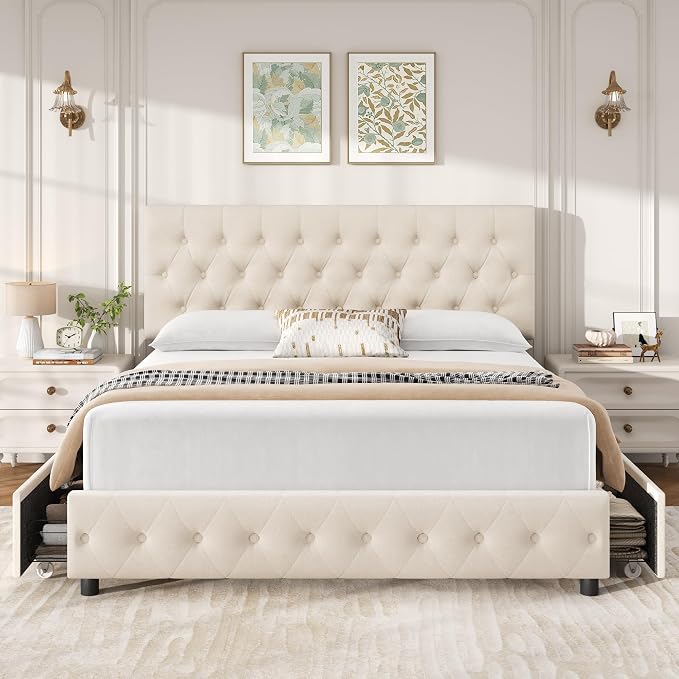 Keyluv King Size Upholstered Platform Bed Frame with 4 Storage Drawers, Modern Beige Velvet Bed with Adjustable Button Tufted Headboard, Solid Wooden Slat Support, Easy Assembly