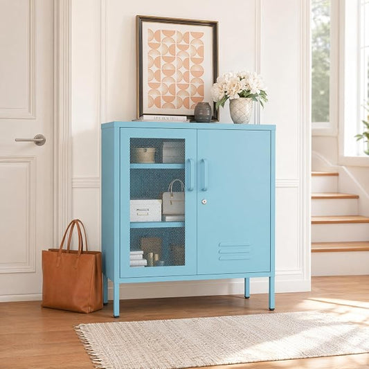 Lockable Metal Storage Cabinet Locker, Multifunctional Versatile Storage Lockers with Adjustable Shelves and Mesh Door, Durable Metal Sideboard Furniture for Restaurant Home Office Blue