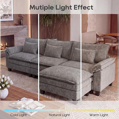 URRED Oversized Modular Sectional Sofa, 122" L Shaped Modern Comfy Cloud Couch with Movable Ottoman & Pillows, Deep Seat Couches for Living Room, Bedroom or Apartment (Chenille Gray, 122" L Shaped)
