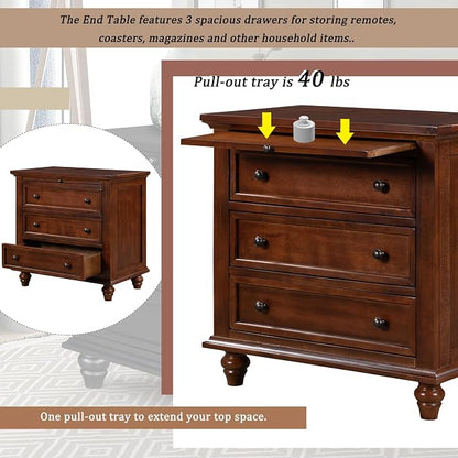 Merax Wood Nightstand with 3 Storage Drawers, Bedside End Table with Pull Out Tray, Brown (No Guide Rails)