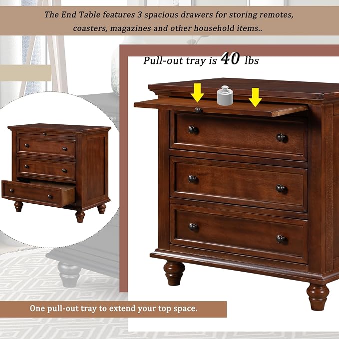 Merax Wood Nightstand with Drawers Set of 2, Bedside End Table with Pull Out Tray, Brown (No Guide Rails)