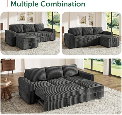 HONBAY Modular Sectional Sofa with Pull Out Bed,Corduroy L Shaped Sleeper Sofa with Storage, Sectional Couches for Living Room,Dark Grey