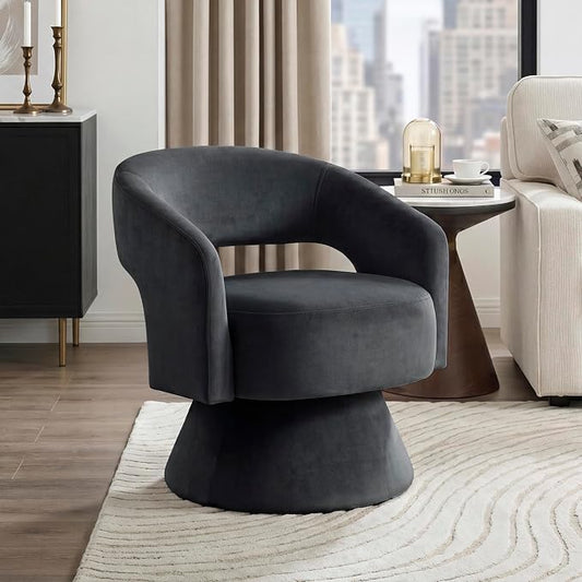 Lexicon 360 Degree Swivel Accent Chair, Modern Comfy Velvet Round Barrel Chair, Open Back, Plush Foam Cushions, Metal Swivel Base for Living Room/Bedroom/Office/Small Spaces, Dark Gray