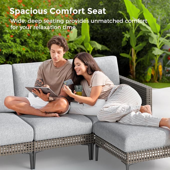 Jocoevol 5 Pieces Outdoor Patio Conversation Set – Rattan L-Shaped Corner Sofa Comfortable Thickening Cushions for Garden, Balcony,Weatherproof Waterproof UV Resistance