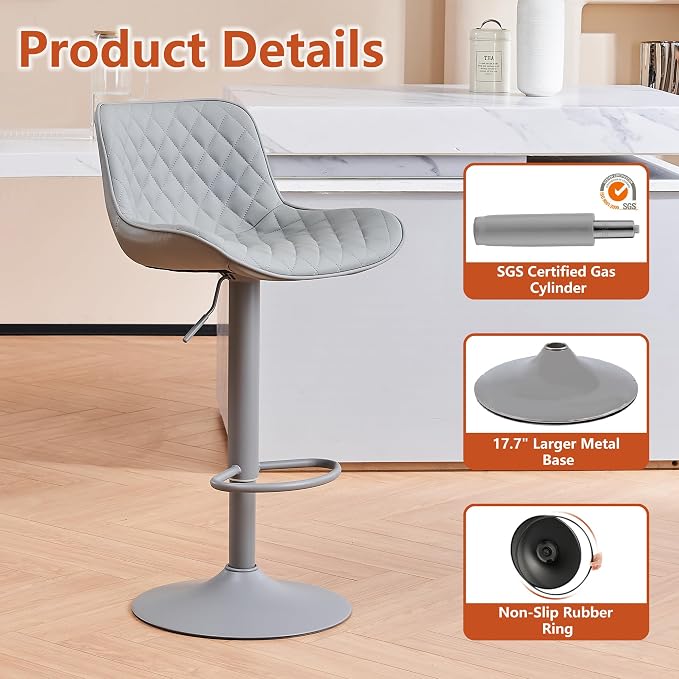 YOUTASTE All Grey Bar Stools Set of 2, Upholstered Counter Height Bar Stool, Adjustable Swivel Faux Leather Barstools, with Padded Back, Metal Base, Kitchen Chairs for Home Island