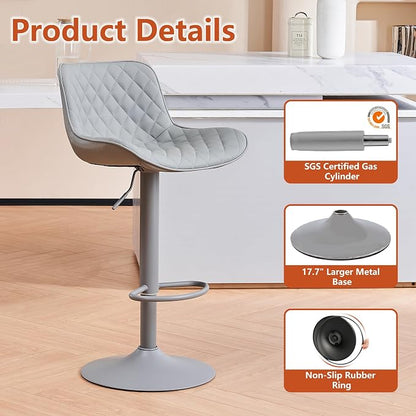 YOUTASTE All Grey Bar Stools Set of 2, Upholstered Counter Height Bar Stool, Adjustable Swivel Faux Leather Barstools, with Padded Back, Metal Base, Kitchen Chairs for Home Island