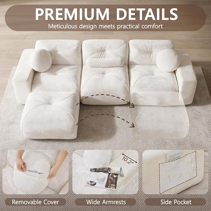 112" Modular Sectional Cloud Couch, L Shaped Sofa Boneless Couches with Movable Ottoman, 3 Deep Seat Modern Comfy Velvet Sofa for Living Room, Bedroom, Apartment (Beige)