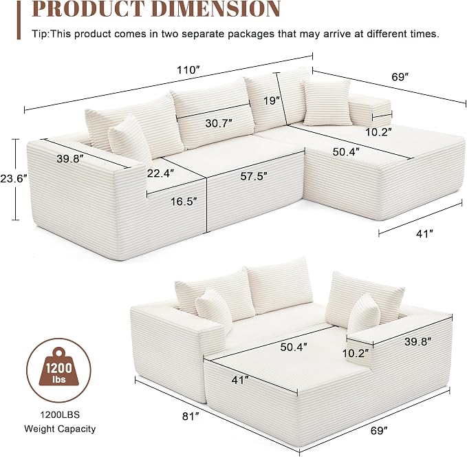 Mangodan 110” Cloud Sectional Couch, Boneless Sofa for Living Room, Modular Sectional Sofa with Deep Seat, Comfy Fluffy Couch with L-Shaped Chaise, No Assembly Required, Beige