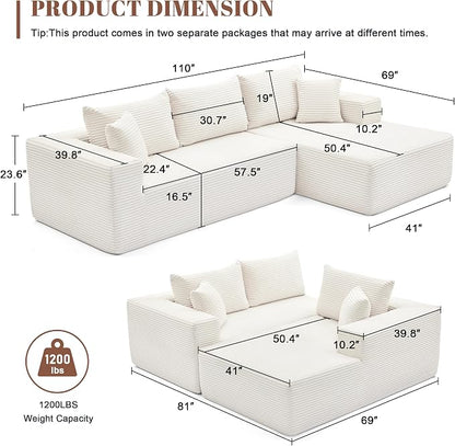 Mangodan 110” Cloud Sectional Couch, Boneless Sofa for Living Room, Modular Sectional Sofa with Deep Seat, Comfy Fluffy Couch with L-Shaped Chaise, No Assembly Required, Beige
