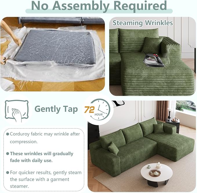 95" Modular Sectional Sofa, Modern Corduroy Cloud Couch with Side Pockets, Boneless Couch Upholstered 3-Seater L-Shaped Sofa for Living Room, No Assembly Required (Green,Right-Facing Chaise)