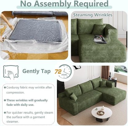 95" Modular Sectional Sofa, Modern Corduroy Cloud Couch with Side Pockets, Boneless Couch Upholstered 3-Seater L-Shaped Sofa for Living Room, No Assembly Required (Green,Right-Facing Chaise)