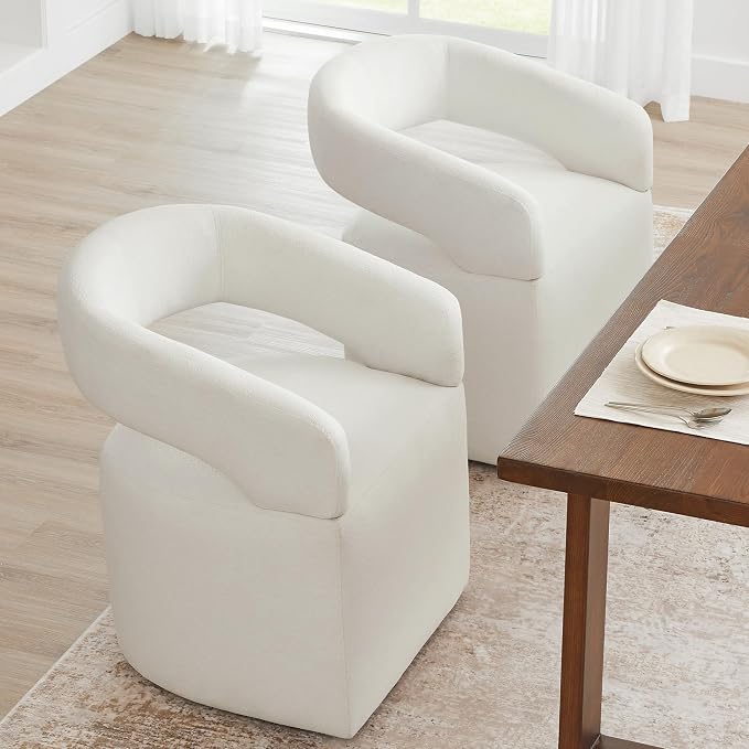KISLOT Upholstered Dining Chairs Set of 4, Modern Rolling Dining Chairs with Hidden Casters, Arm Kitchen Chairs with Linen Look Fabric, Padded Barrel Chairs for Dining Room, Kitchen, Bedroom, Ivory
